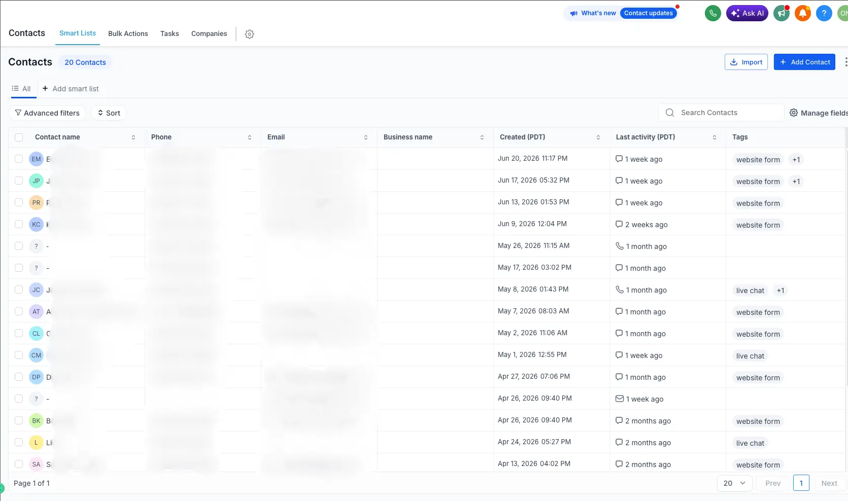 Client leads dashboard — booked jobs from website forms and live chat